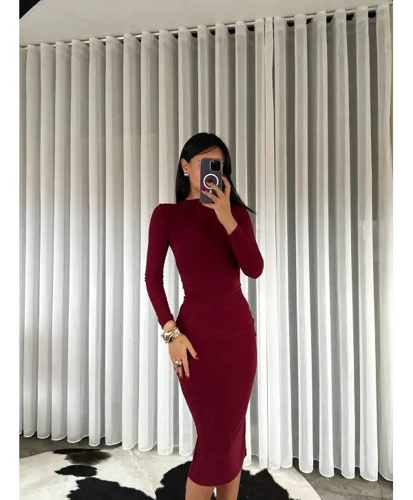 Midi Boy Drapeli Elbise - Bordo