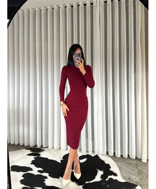 Midi Boy Drapeli Elbise - Bordo