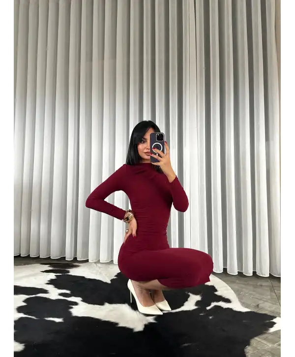 Midi Boy Drapeli Elbise - Bordo