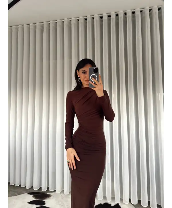 Midi boy Drapeli elbise - Kahverengi