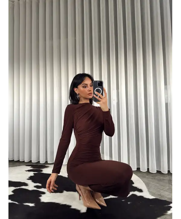 Midi boy Drapeli elbise - Kahverengi