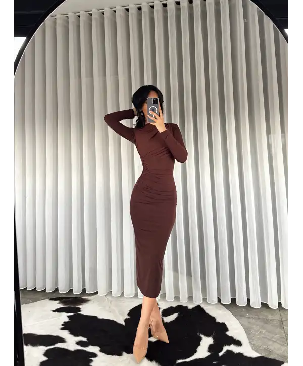 Midi boy Drapeli elbise - Kahverengi