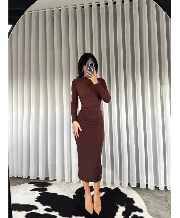 Midi boy Drapeli elbise - Kahverengi