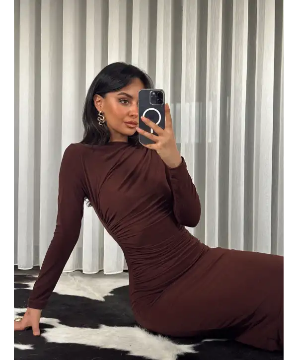 Midi boy Drapeli elbise - Kahverengi