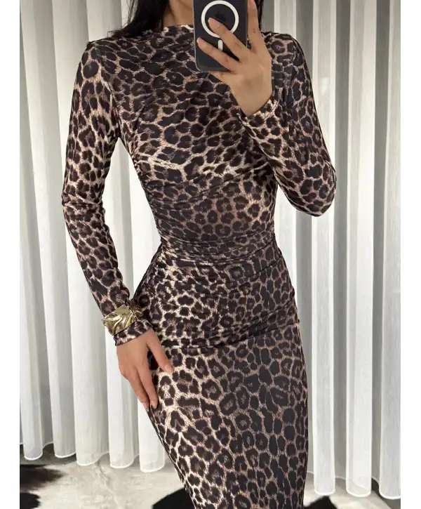 Midi boy Drapeli elbise - Leopar