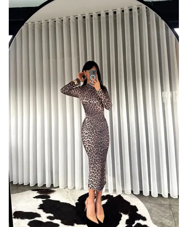 Midi boy Drapeli elbise - Leopar