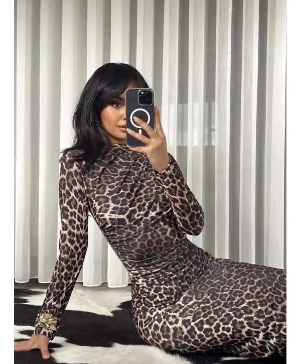 Midi boy Drapeli elbise - Leopar