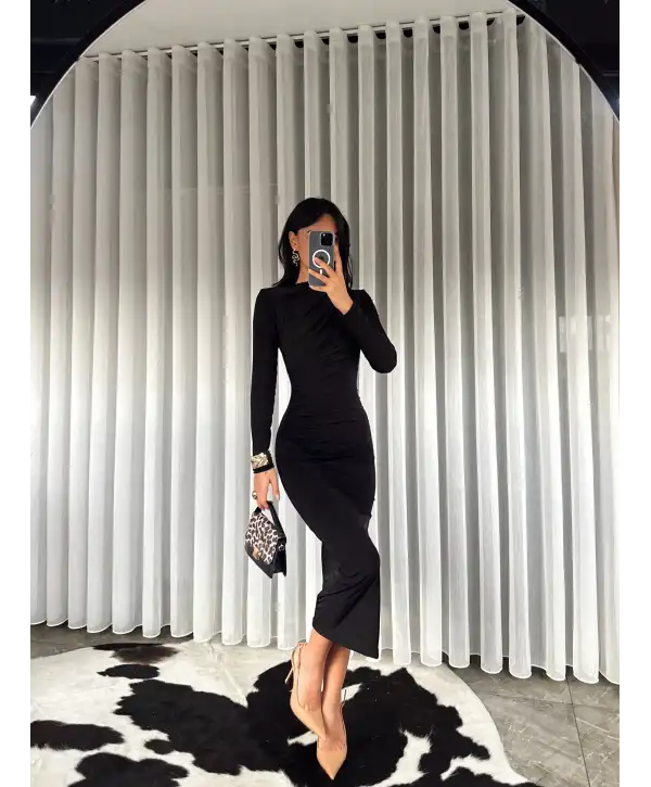 Midi boy Drapeli elbise - Siyah