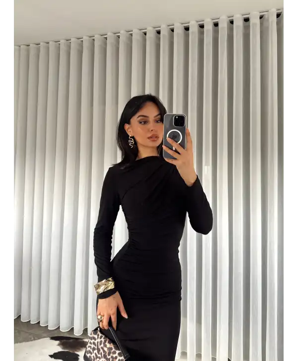 Midi boy Drapeli elbise - Siyah