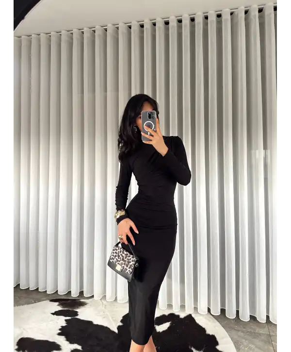 Midi boy Drapeli elbise - Siyah