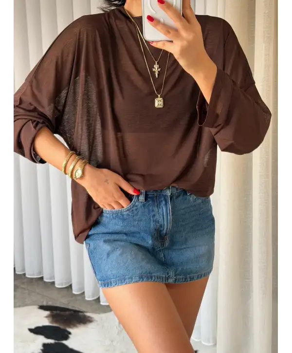 Oversize transparan bluz - Kahverengi