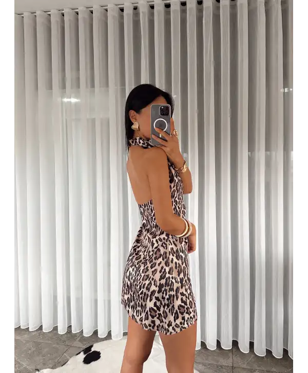Sırt dekolteli Saten mini elbise - Leopar