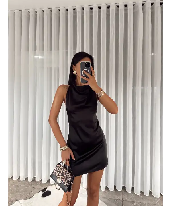 Sırt dekolteli Saten mini elbise - Siyah