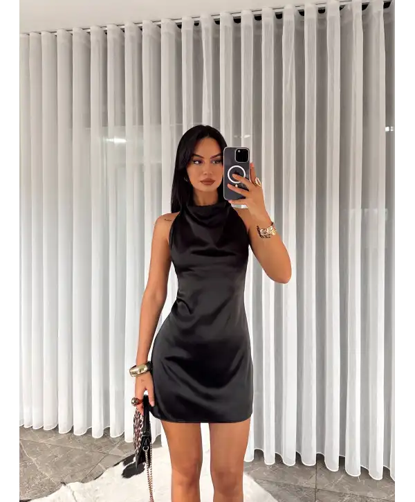 Sırt dekolteli Saten mini elbise - Siyah