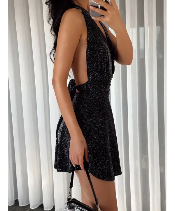 Taşlı sırt dekolteli mini elbise