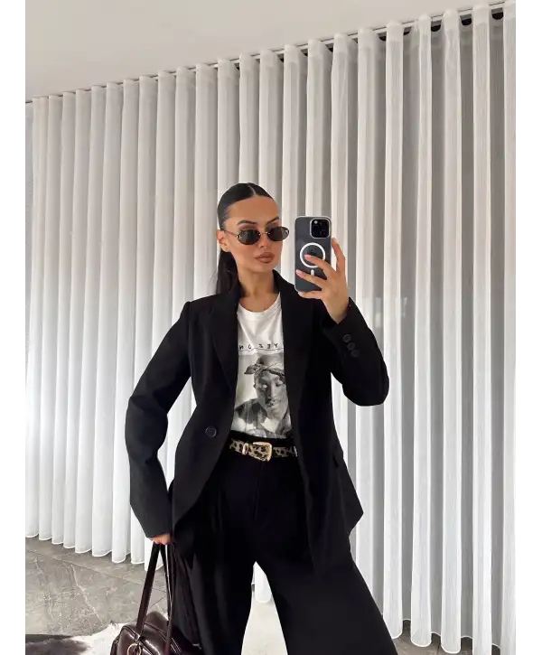 Vatkalı ceket pantolon takım - Siyah