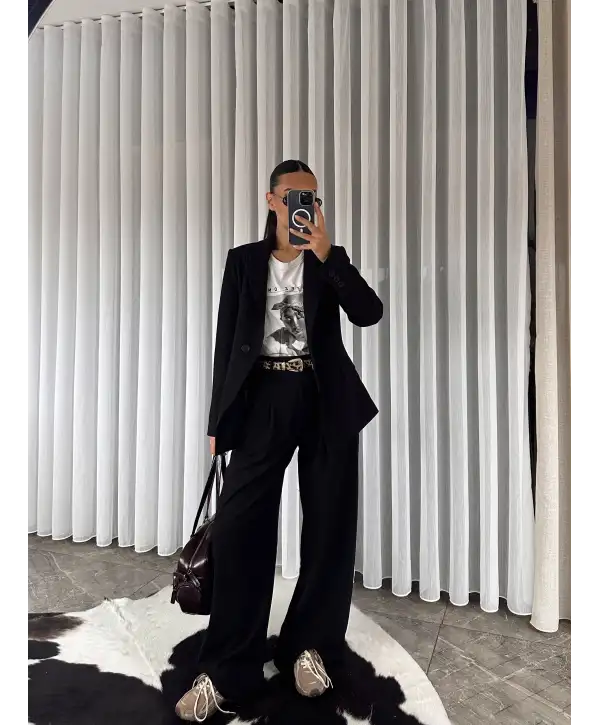 Vatkalı ceket pantolon takım - Siyah