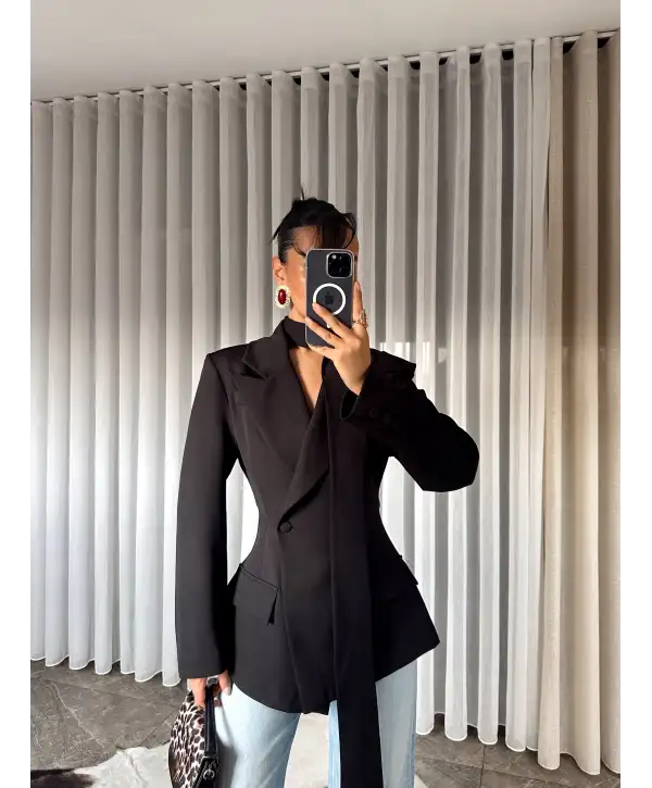 Vatkalı tasarım blazer ceket - Siyah