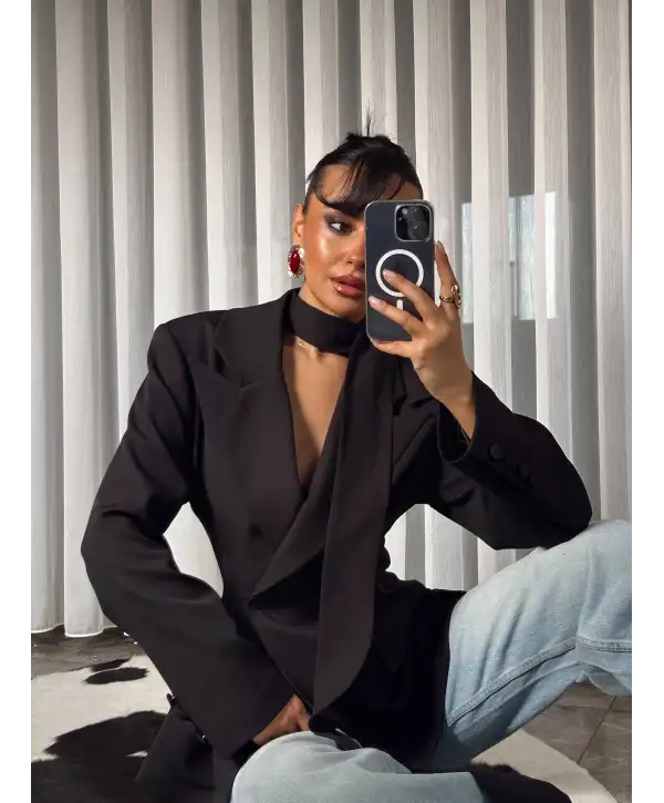 Vatkalı tasarım blazer ceket - Siyah