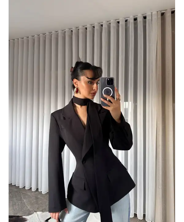 Vatkalı tasarım blazer ceket - Siyah