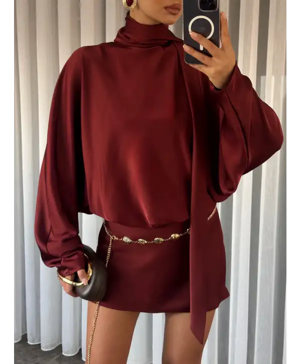 Yarasa kol kuşak detay Saten elbise- Bordo