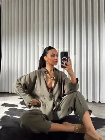 Modal kumaş paçası pensli takım - Haki