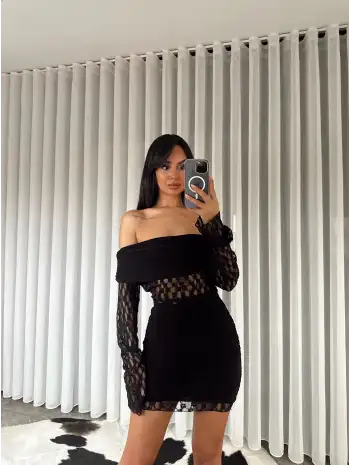 Açık omuz dantel detay elbise - Siyah