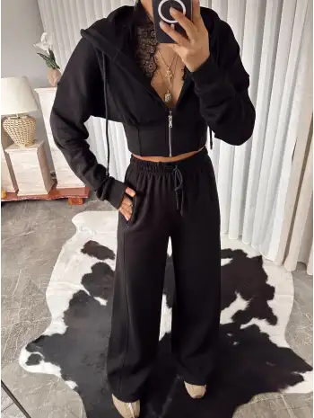 Tasarım dantel detay eşofman takımı - Siyah