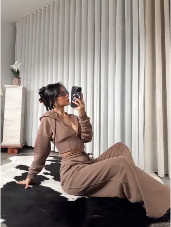 Tasarım dantel detay eşofman takımı - Kahve