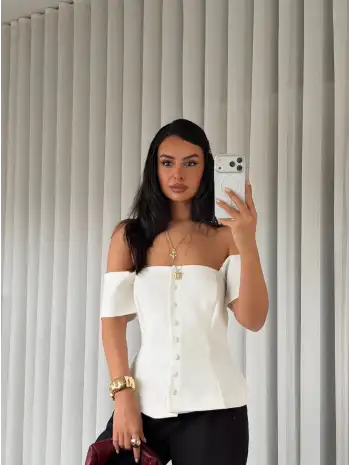 Straplez düğmeli bluz - Beyaz