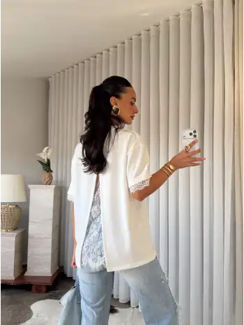 Sırt dantel detay tasarım T-shirt - Beyaz