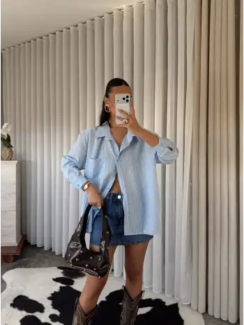 Tül detay gömlek - Mavi