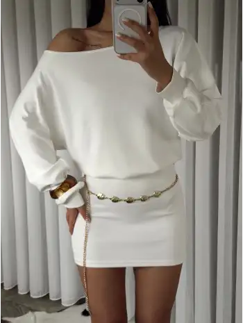 Modal kumaş kayık yaka mini elbise - Beyaz