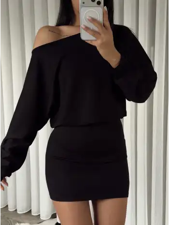 Modal kumaş kayık yaka mini elbise - Siyah