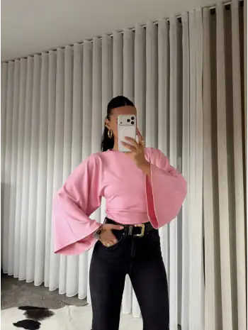 Belden oturan geniş kol bluz - Pembe