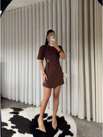 Gold tokalı modal kumaş mini elbise - Kahverengi