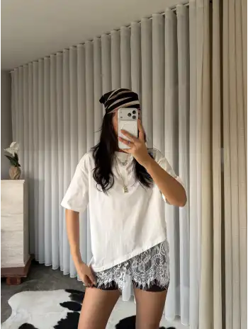 Oversize dantel detay T-shirt / Beyaz