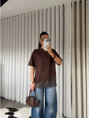 Oversize dantel detay T-shirt / Kahverengi