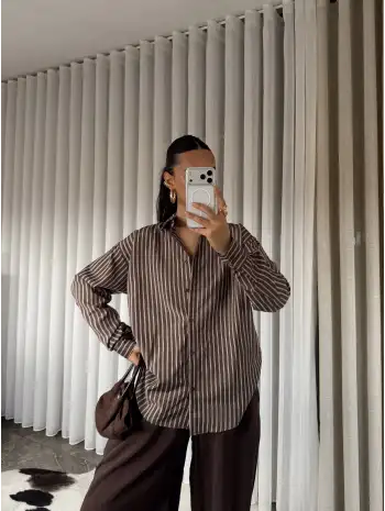 Çizgili oversize gömlek -Kahverengi