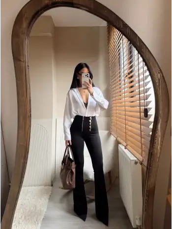 İspanyol paça düğme ve fermuar detay tayt pantolon- Siyah