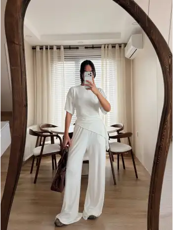 Ribana yan büzgülü takım - Beyaz