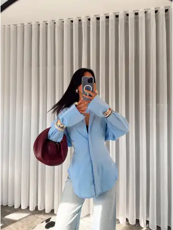 Belden oturtmalı gömlek - mavi