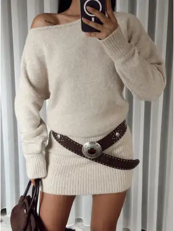 Düşük omuz triko elbise - Ekru