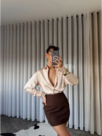 İpek Saten Gömlek-Ekru