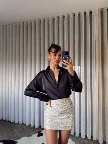 İpek Saten Gömlek - Siyah