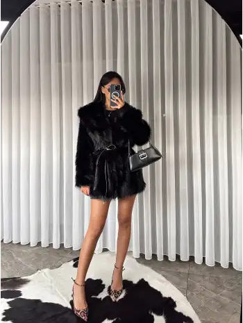 Kemerli şal yaka kürk - Siyah