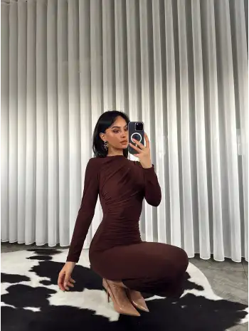 Midi boy Drapeli elbise - Kahverengi