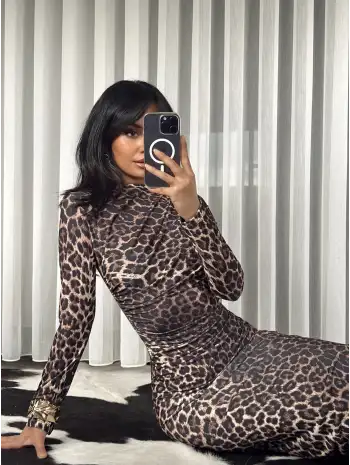 Midi boy Drapeli elbise - Leopar