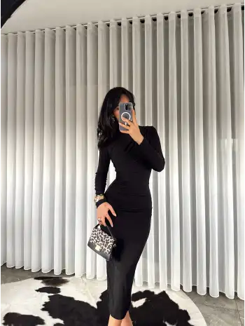 Midi boy Drapeli elbise - Siyah