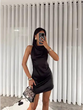 Sırt dekolteli Saten mini elbise - Siyah